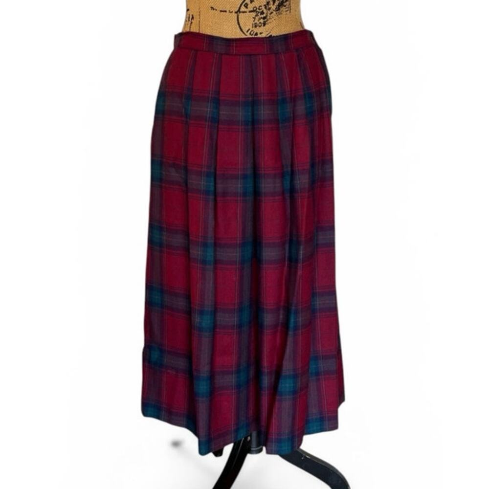 VTG Eddie Bauer Maroon Green Plaid Wool Pleated A-Line Midi Skirt Women's S